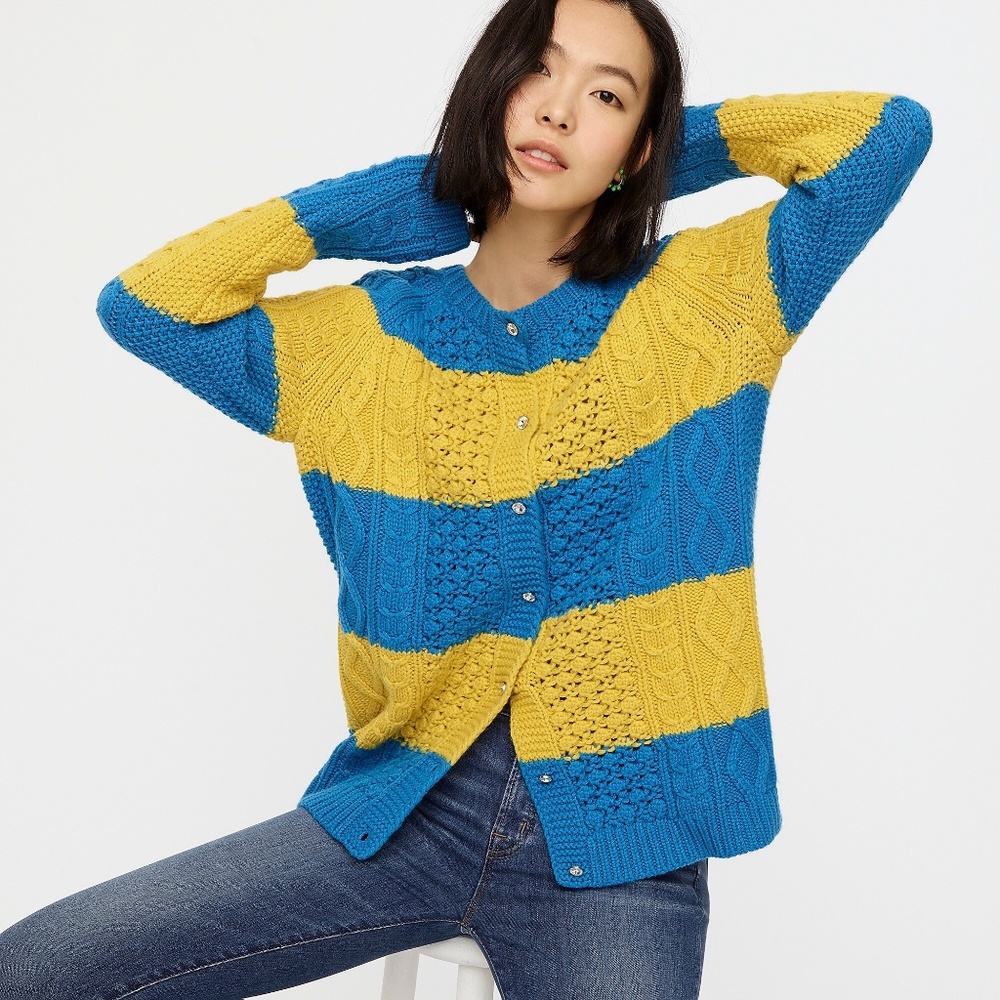 J. Crew Cable-Knit Cardigan Sweater in Rugby Stripe